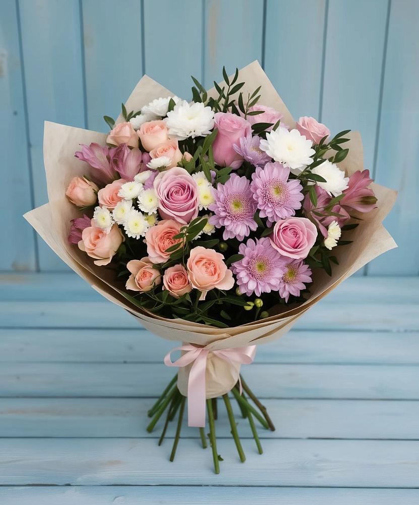 Букет цветов из: Хризантемы, Розы и Альстромерии в Шерловой Горе