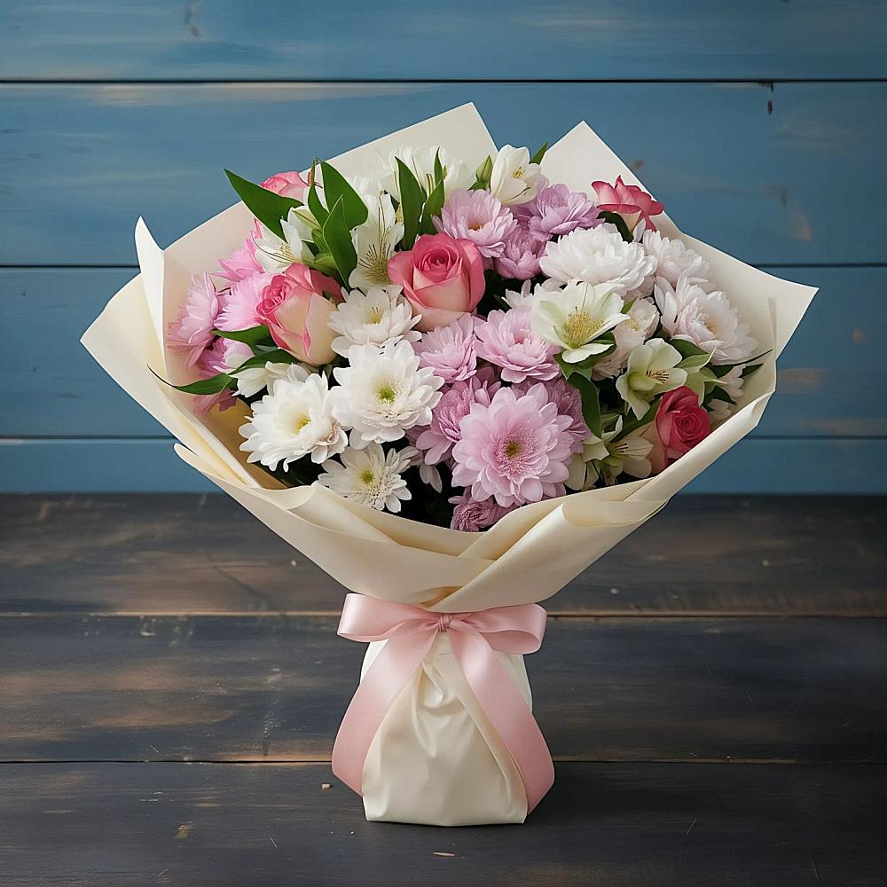 Букет цветов из: Хризантемы, Альстромерии и Розы в Шерловой Горе